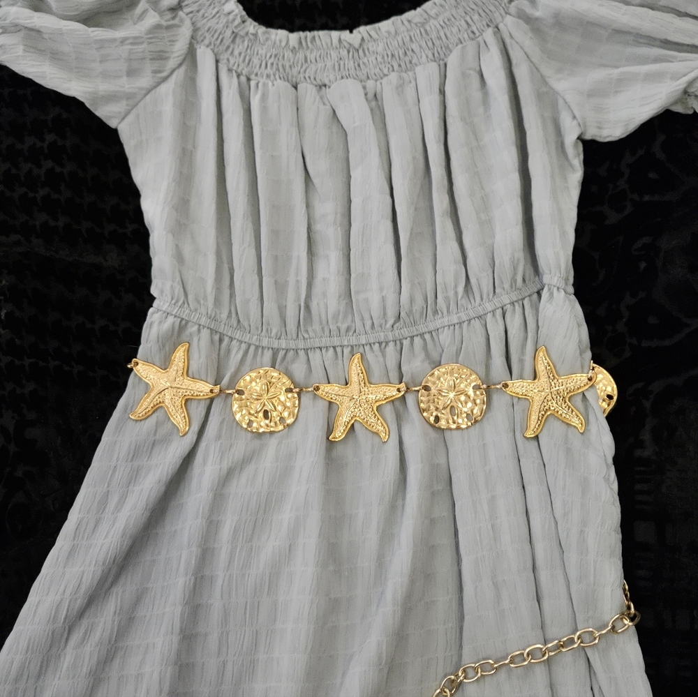 Boho Coastal Seafoam Dress with Gold Starfish Belt Starfish Earrings and Pearls